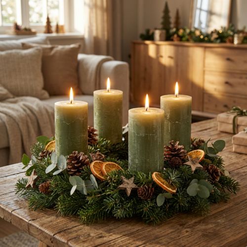 Świece filarowe w jednolitym kolorze oliwkowo-zielonym, 60×100 mm, zestaw 4 sztuk, styl rustykalny, boho, adwent | Floristik24.pl