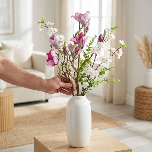 Produkt Sztuczny kwiat gałązki magnolii, magnolia różowy 92cm