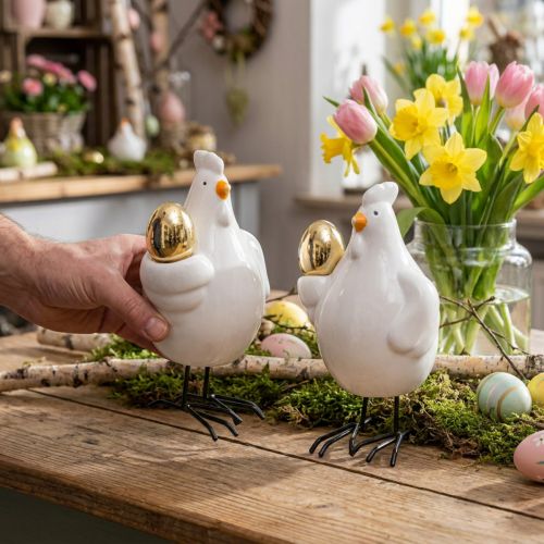 Ozdobny kurczak ze złotym jajkiem Figura wielkanocna porcelana Ozdoba wielkanocna kura wys.12cm 2szt | Floristik24.pl