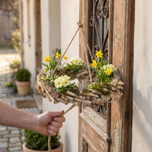 Drewniany wianek do zawieszenia z haczykiem z drewna brzozowego Ø35cm - Naturalna dekoracja na wiosnę, makrama, kwiaty i zioła | Floristik24.pl