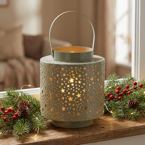 Produkt Latarnia z motywem gwiazdek, metalowa, zielona, 31 cm