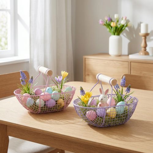 Koszyk druciany z drewnianym uchwytem, idealny do nowoczesnego salonu i stylowej dekoracji, 17 cm, 6 sztuk | Floristik24.pl