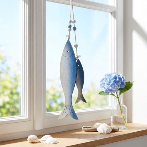 Produkt Drewniane dekoracyjne wieszaki na ryby rybki niebiesko-białe 11,5/20 cm, zestaw 2 szt