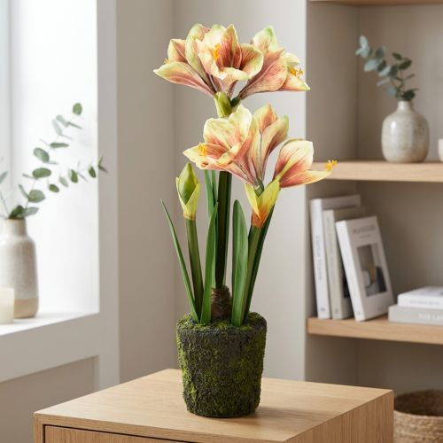 Produkt Amarylis w sztucznej kuli mchu z różowo-żółtymi wzorzystymi kwiatami - 45 cm - Egzotyczna i stylowa dekoracja