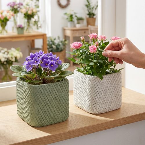 Sadzarka ceramiczna biała zielona siatka reliefowa 12,5x12,5cm H9cm 2szt | Floristik24.pl