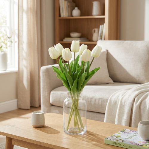 Sztuczne Tulipany Biało-kremowe Real Touch 38cm 7 szt | Floristik24.pl