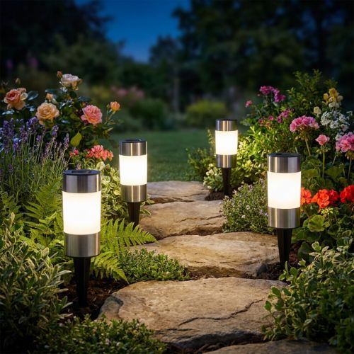 Produkt Lampy solarne LED do ogrodu, stal nierdzewna, ciepłe światło, zestaw 4 szt.