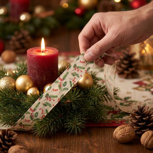 Produkt Wstążka dekoracyjna z ostrokrzewem i jagodami, brzeg stabilny wymiarowo, 25 mm, 18 m