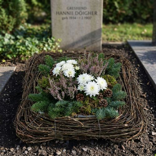 Dekoracyjna poduszka na rośliny z naturalnymi gałązkami, 40x40 cm - Idealna do aranżacji pogrzebowych i dekoracji grobów, wzór z naturalnego rattanu | Floristik24.pl
