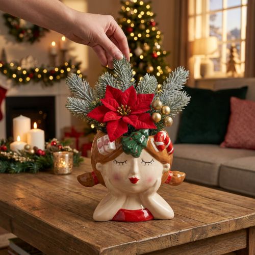 Ceramiczna doniczka dekoracyjna w kształcie dziewczynki z głową rośliny, wysokość 17 cm | Floristik24.pl