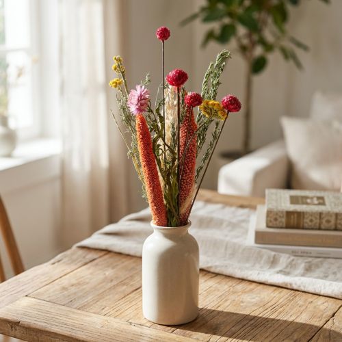 Produkt Dekoracyjny bukiet suszonych kwiatów, zestaw DIY z różową mieszanką dzikich kwiatów, kreatywna dekoracja stołu, wysokość 30-35 cm