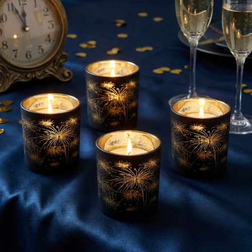Zestaw 6 szklanych lampionów, czarno-złotych, z motywem fajerwerków, świąteczna dekoracja, 9 cm | Floristik24.pl