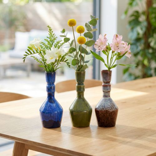 Wazon dekoracyjny ceramiczny niebieski zielony brązowy Ø8cm W18,5cm 3szt | Floristik24.pl