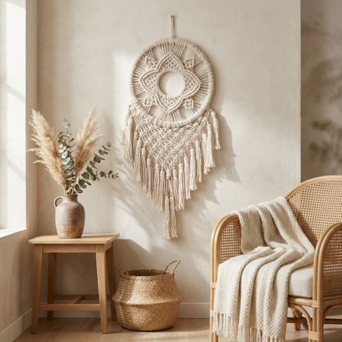 Łapacz snów w makramie, kremowy, boho, ręcznie robiony, 29×72 cm, do salonu i sypialni | Floristik24.pl