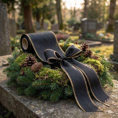 Elegancka wstążka do wieńców moiré, 175 mm, czarna z perłowym brzegiem i splotem taftowym, dekoracyjna wstążka do florystyki pogrzebowej, wstążka kokardka, 25 m | Floristik24.pl