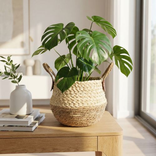 Dwukolorowy kosz z trawy morskiej z uchwytami – kosz do przechowywania i sadzenia – naturalny i brązowy, Ø25 cm, wys. 24 cm | Floristik24.pl