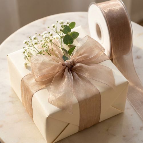 Produkt Wstążka z organzy wstążka prezentowa beżowa tkana wstążka taupe 40mm 50m