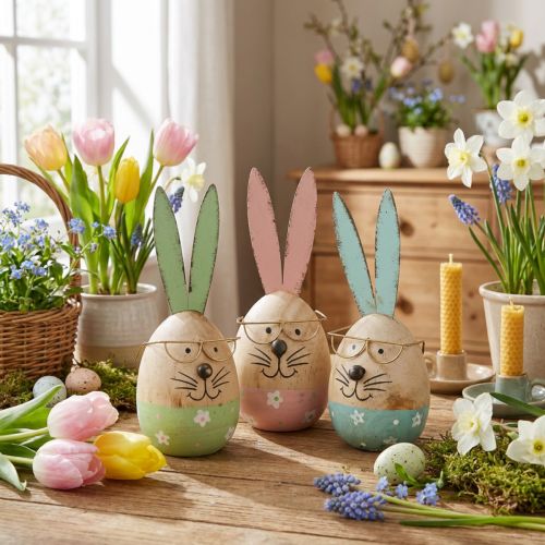 Zajączek w okularach dekoracyjna figura drewniane jajko Ø5cm W13,5cm 3szt | Floristik24.pl