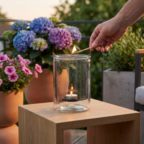 Latarnia szklana z świecznikiem na herbatę czarny metal Ø13,5×W20cm | Floristik24.pl