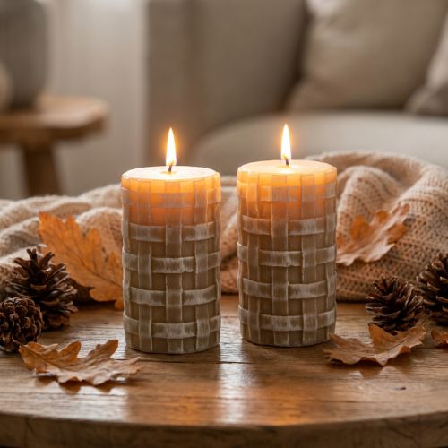 Brązowe świece filarowe z rustykalnym splotem, 110/65 mm, Safe Candle, zestaw 2 szt. | Floristik24.pl