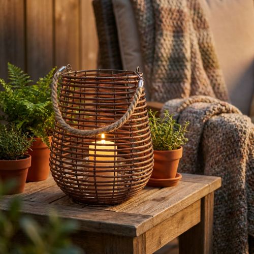 Świeca w koszu, latarnia z rączką, dekoracja świecy, koszykowa latarnia Ø24cm W34cm | Floristik24.pl