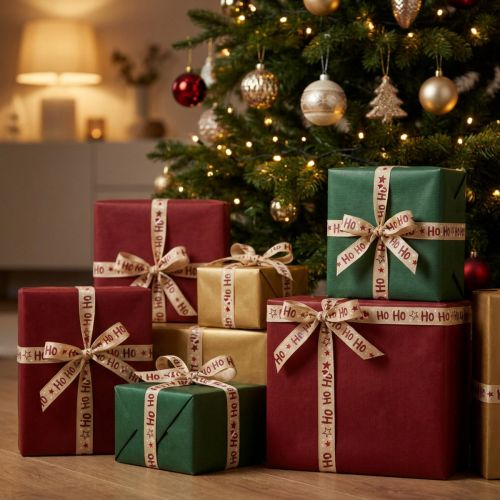Produkt Wstążka świąteczna „Ho Ho Ho” Wstążka prezentowa beżowa 15mm 15m