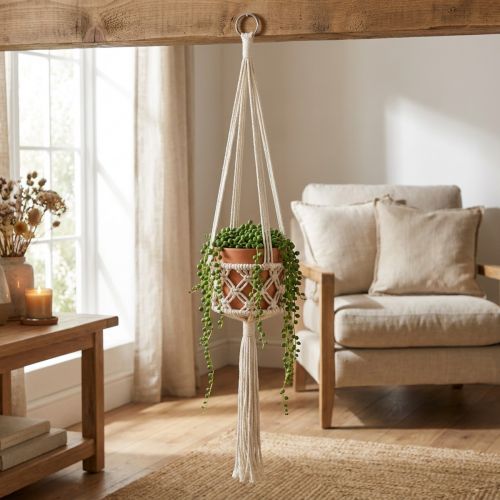 Wisząca dekoracja makramowa w stylu boho, Ø12 cm, wys. 79 cm, kremowa – wisząca doniczka ścienna | Floristik24.pl