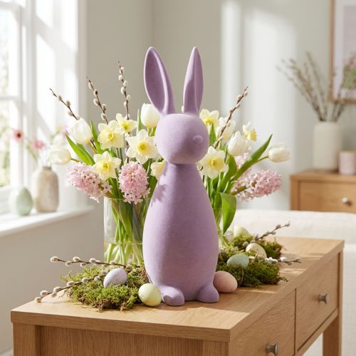 Produkt Dekoracyjny Zajączek Wielkanocny – Drugi Wybór – Flokowany Fioletowo-Liliowy, wys. 47 cm