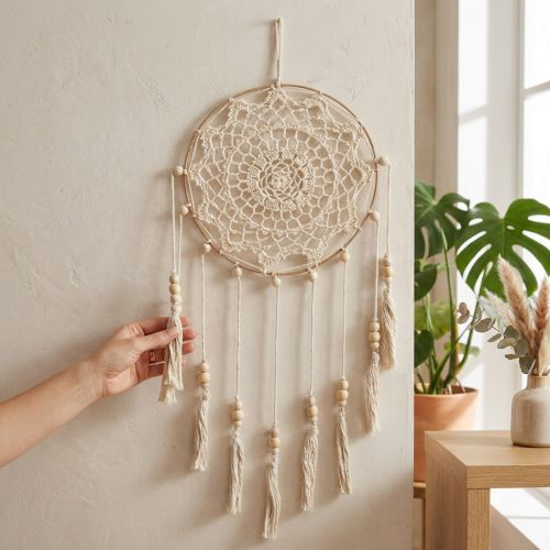 Łapacz snów z makramy, dekoracja ścienna w stylu boho chic, ręcznie robiony, kremowy, Ø22 cm, wys. 54 cm | Floristik24.pl