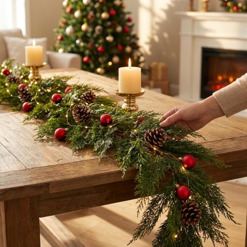 Girlanda z zielonej jodły thuja z owocami, dekoracyjna zawieszka, dekoracja świąteczna, świąteczna girlanda sztuczna, długość 175 cm | Floristik24.pl