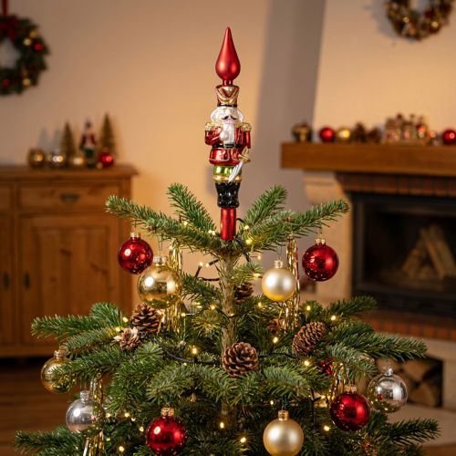 Figurka dziadka do orzechów na czubek choinki w kolorze czerwonym, na choinkę 28 cm, prawdziwe szkło | Floristik24.pl