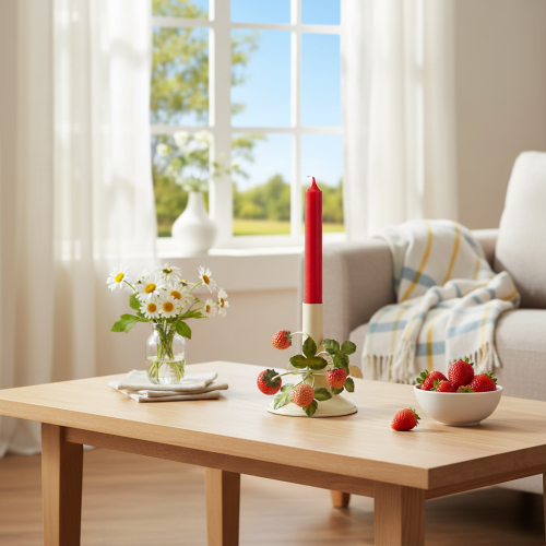 Produkt Świecznik metalowy z dekoracją truskawkową, kremowy letni, wys. 13 cm