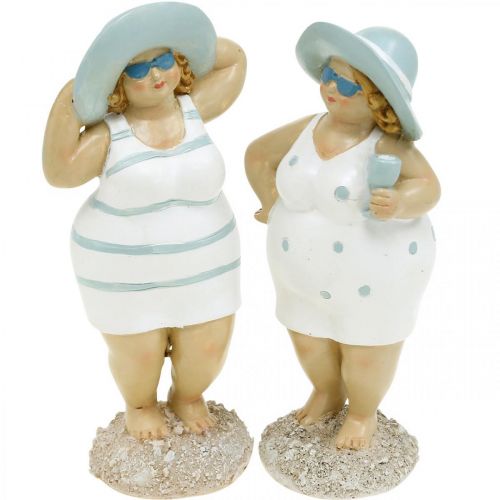 Floristik24 Figura dekoracyjna damy na plaży, dekoracja letnia, figurki kąpielowe z czapką niebiesko-biała W15/15,5cm zestaw 2