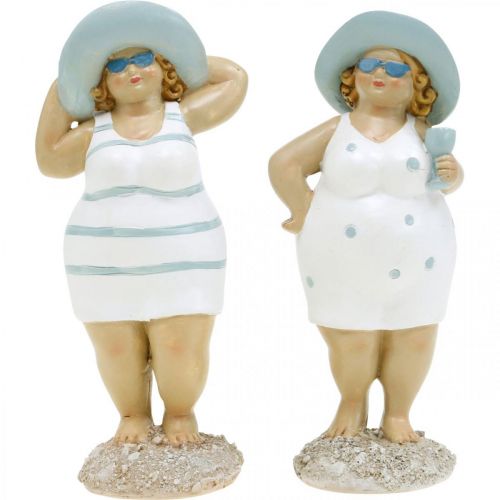 Floristik24 Figura dekoracyjna damy na plaży, dekoracja letnia, figurki kąpielowe z czapką niebiesko-biała W15/15,5cm zestaw 2