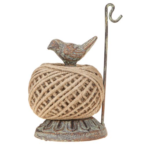 Produkt Stary metalowy uchwyt na szpulkę z ptakiem i przędzą jutową H17cm