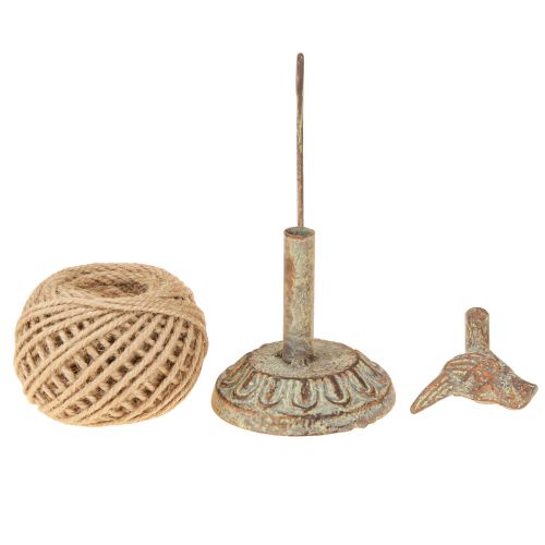 Produkt Stary metalowy uchwyt na szpulkę z ptakiem i przędzą jutową H17cm