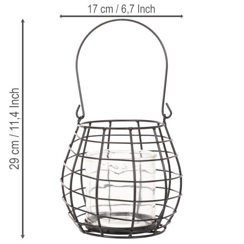 Latarnia ogrodowa z uchwytem, czarna, szklany świecznik, Ø17cm, wys.15cm | Floristik24.pl