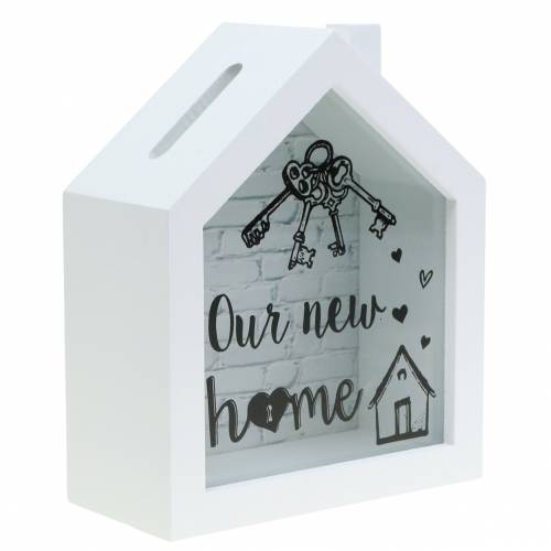 Floristik24 Pudełko oszczędnościowe "Nasz nowy dom" drewno szkło białe 15x7cm W18cm