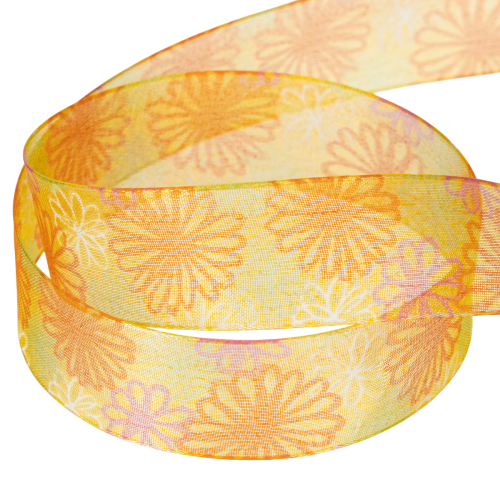 Produkt Wstążka prezentowa, wstążka organza kwiatowa, żółto-pomarańczowa, 25 mm x 18 m