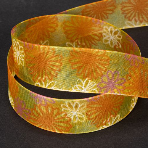 Produkt Wstążka prezentowa, wstążka organza kwiatowa, żółto-pomarańczowa, 25 mm x 18 m