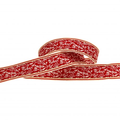 Produkt Wstążka prezentowa jagodowa żakardowa z drucianym brzegiem czerwona, kremowa 25mm L15m