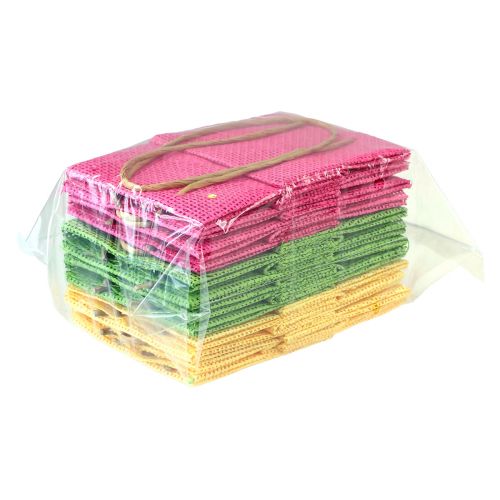 Produkt Torby na prezenty z uchwytami papierowe różowe żółte zielone tekstylne 10,5 cm 12szt