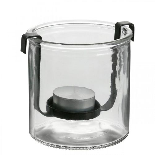 Floristik24 Szklana latarnia z uchwytem na tealight, czarny metal Ø9×H10cm