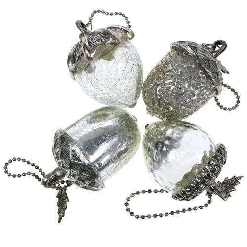 Floristik24 Choinka Ornament wiszący żołądź metal szkło srebro 7cm 4szt.