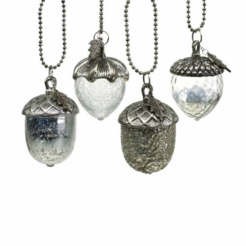 Floristik24 Choinka Ornament wiszący żołądź metal szkło srebro 7cm 4szt.