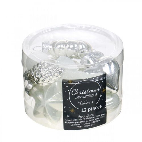 Floristik24 Mini ozdoby choinkowe mix szkło białe, srebrne różne 4cm 12szt
