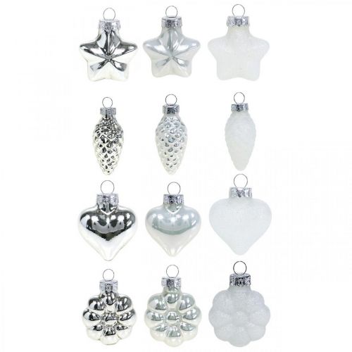 Mini ozdoby choinkowe mix szkło białe, srebrne różne 4cm 12szt