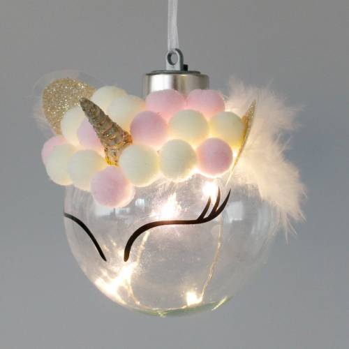Produkt Choinka kula jednorożec z lampkami LED cukierkowe kolory, przezroczyste szkło, pompon Ø8cm Na baterie