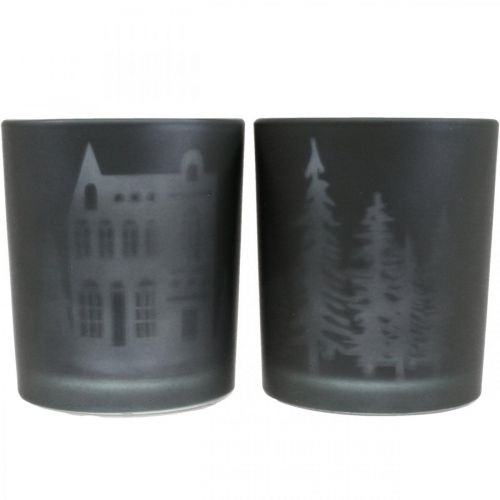 Floristik24 Latarnie, świeczniki na tealighty szklane Christmas czarne Ø7cm 2szt