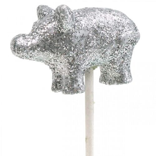 Floristik24 Szczęśliwa świnka sylwestrowa talizman na patyk srebrny 3cm 6szt